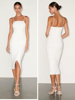 Lulus Toast to Romance White Ruched Pearl Bodycon Midi Dress Size Small Bridal